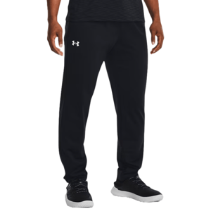 Under Armour Men's Twister Pants are black athletic pants with a relaxed fit, featuring the Under Armour logo on the upper left thigh. They are designed for comfort and mobility, suitable for workouts or casual wear.