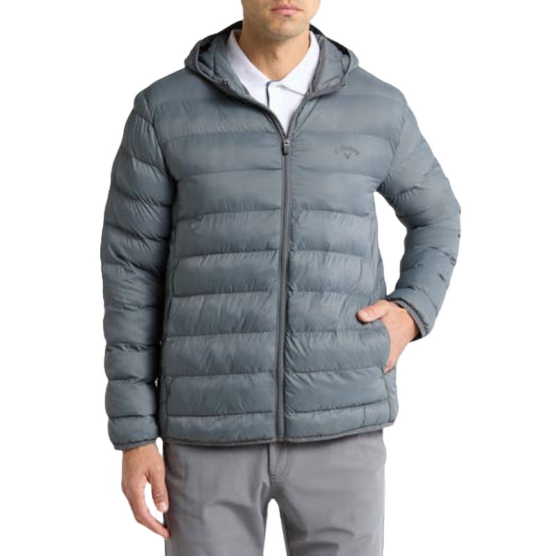 Callaway Golf Quilted Puffer Jacket is a lightweight, hooded outerwear piece in gray, featuring a zip-up front and horizontal quilt stitching for warmth and style.