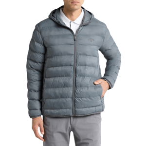 Callaway Golf Quilted Puffer Jacket is a lightweight, hooded outerwear piece in gray, featuring a zip-up front and horizontal quilt stitching for warmth and style.