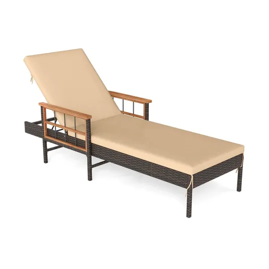 A beige cushioned outdoor chaise lounge with adjustable back, featuring brown wicker frame and wooden armrests.