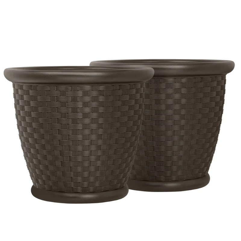Two brown textured planters with a woven basket-like design, featuring wide rims and circular bases.