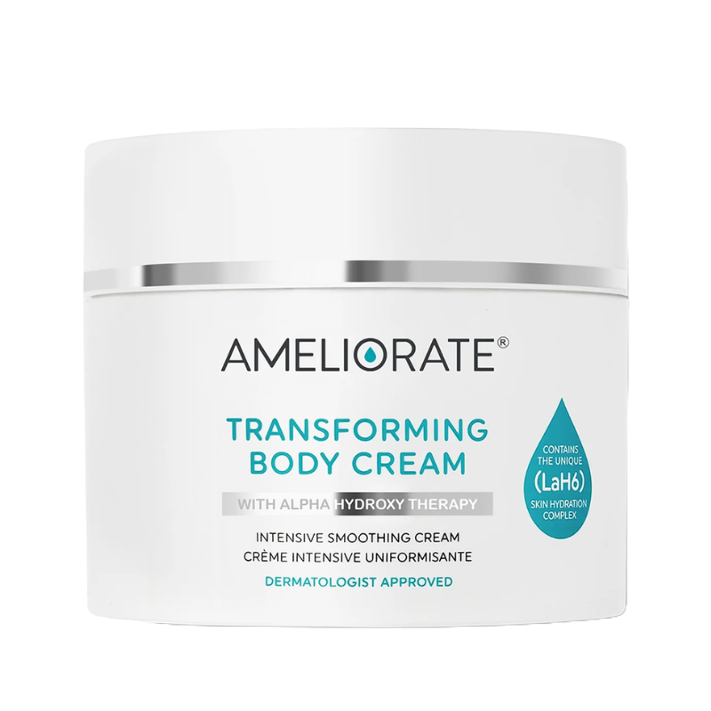 AMELIORATE Transforming Body Cream uses Alpha Hydroxy Therapy for intensive smoothing and hydration. It's dermatologist-approved and contains the unique LaH6 skin hydration complex.