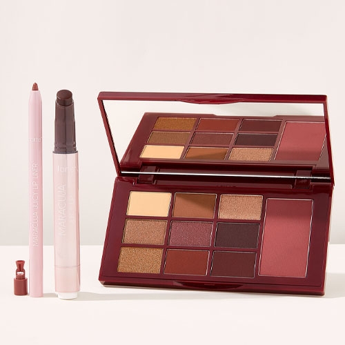 a lip liner, a lip balm, and an eyeshadow palette