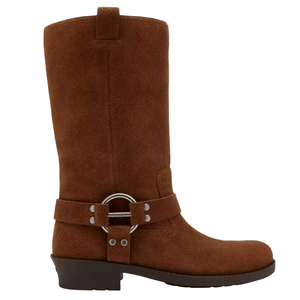 Brown suede mid-calf boot with decorative harness and silver-tone hardware, featuring a low heel and a pull tab at the top.