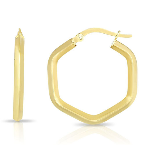 A pair of hexagon-shaped hoop earrings made of polished 14k yellow gold, featuring a simple latch-back closure.