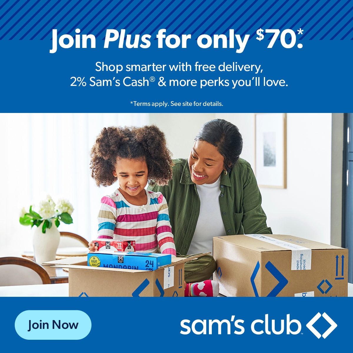 Sam's Club offers a Plus membership for $70, featuring free delivery, 2% Sam’s Cash, and additional perks. A woman and child are opening a package containing a Mandarin orange box and other items at a table.