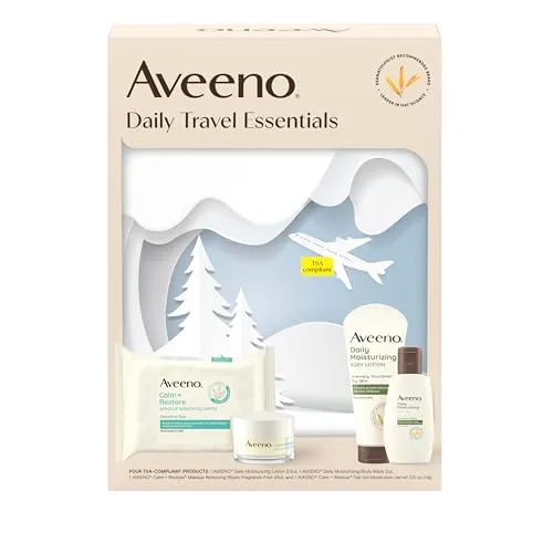 Aveeno Daily Travel Essentials set includes Calm Restore Makeup Removing Wipes, Calm Restore Oat Gel Moisturizer, Daily Moisturizing Lotion, and Daily Moisturizing Body Wash. TSA compliant.