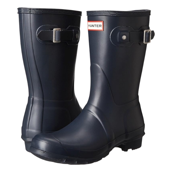 Hunter Original Short Boots are dark blue, mid-calf rubber rain boots featuring adjustable straps and buckles on the sides, with the \“Hunter\“ logo prominently displayed at the top.