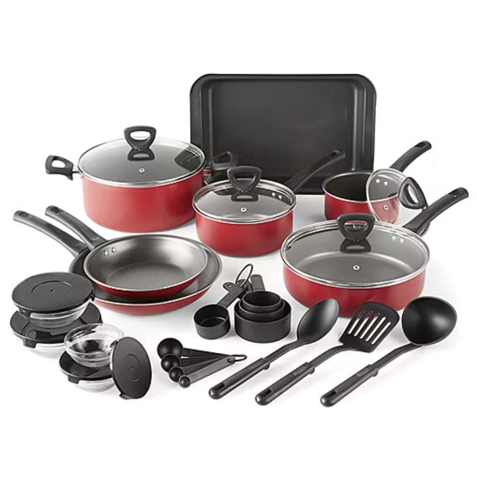 Cookware set with red pots and pans, glass lids, a baking sheet, mixing bowls with lids, measuring cups and spoons, and kitchen utensils including a spatula, ladle, and spoon.