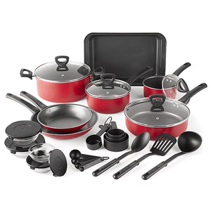Cookware set with red pots and pans, glass lids, a baking sheet, mixing bowls with lids, measuring cups and spoons, and kitchen utensils including a spatula, ladle, and spoon.