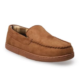 Brown suede moccasin-style slipper with a rubber sole and fleece lining.
