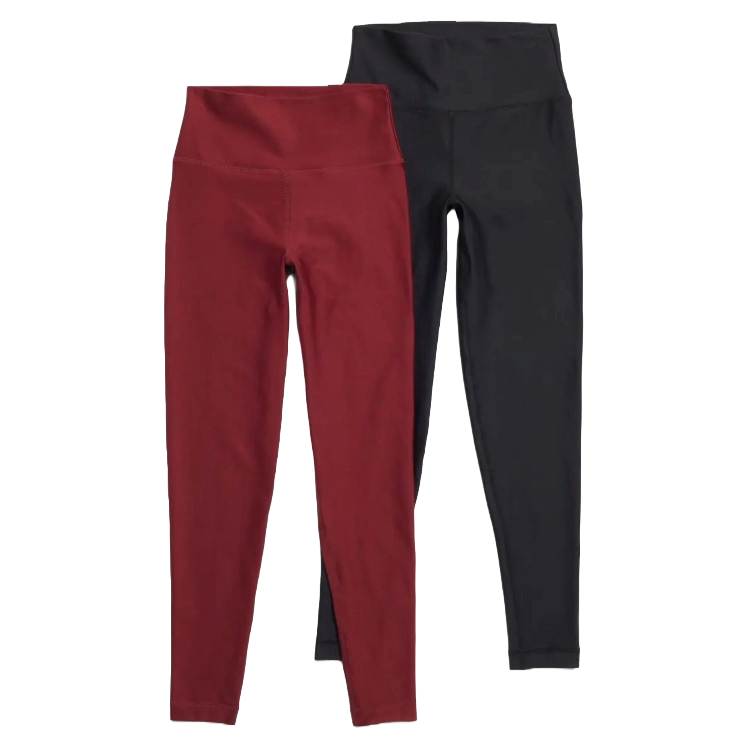 Two pairs of high-waisted leggings, one in burgundy and the other in black.