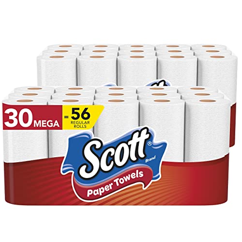 A pack of 30 Scott Mega Paper Towel Rolls, with a label stating that each roll is equivalent to 56 regular rolls.