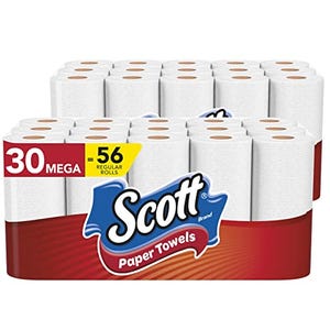 A pack of 30 Scott Mega Paper Towel Rolls, with a label stating that each roll is equivalent to 56 regular rolls.