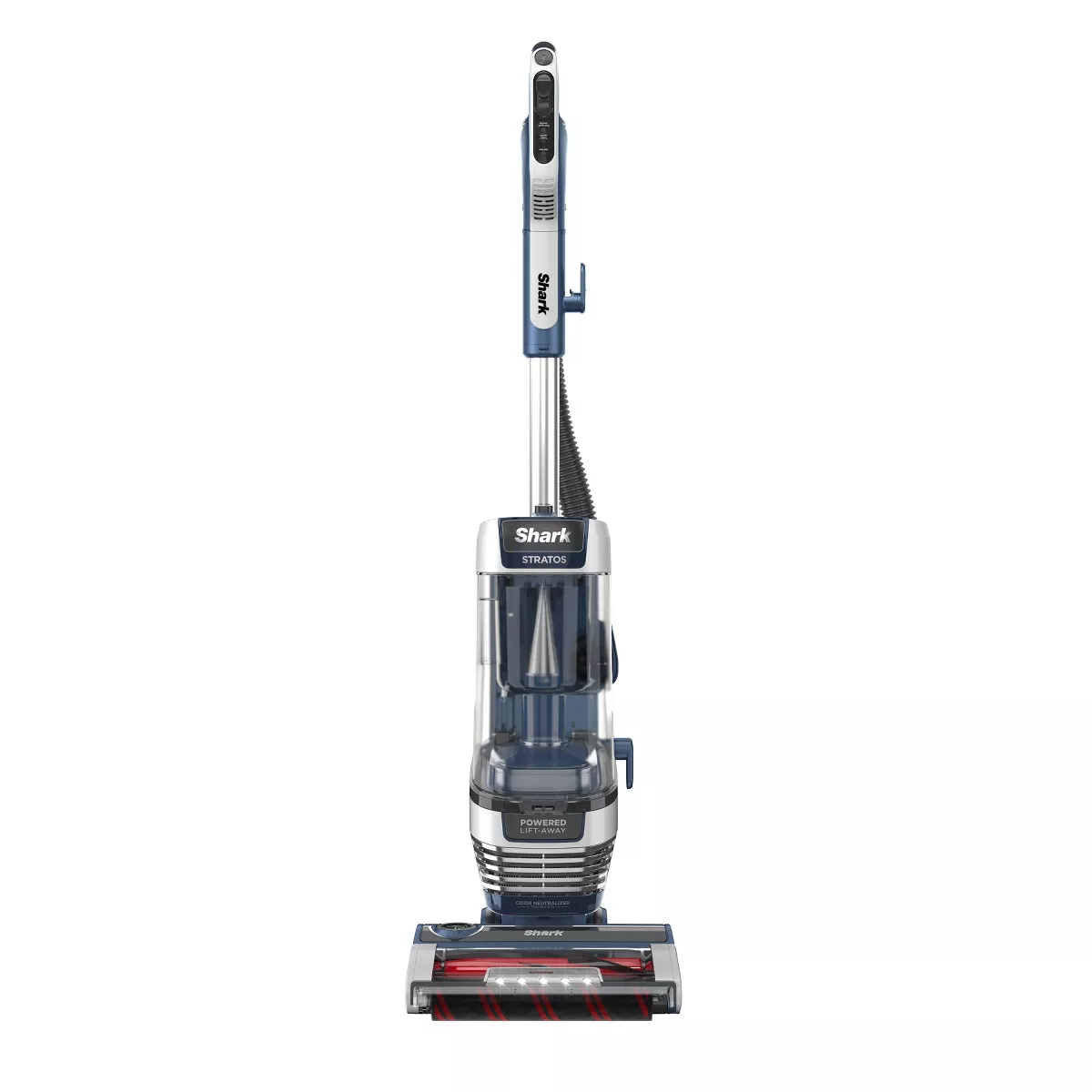 Upright Shark Stratos vacuum cleaner with a transparent dustbin and a blue and silver color scheme.