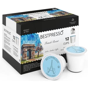 Box of Bestpresso French Roast coffee pods, compatible with Keurig 2.0 machines, containing 12 cups.