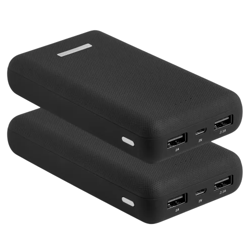 Two black portable power banks with dual USB outputs and a micro USB input, each featuring a textured surface and an LED indicator.