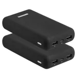 Two black portable power banks with dual USB outputs and a micro USB input, each featuring a textured surface and an LED indicator.