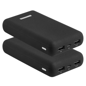 Two black portable power banks with dual USB outputs and a micro USB input, each featuring a textured surface and an LED indicator.