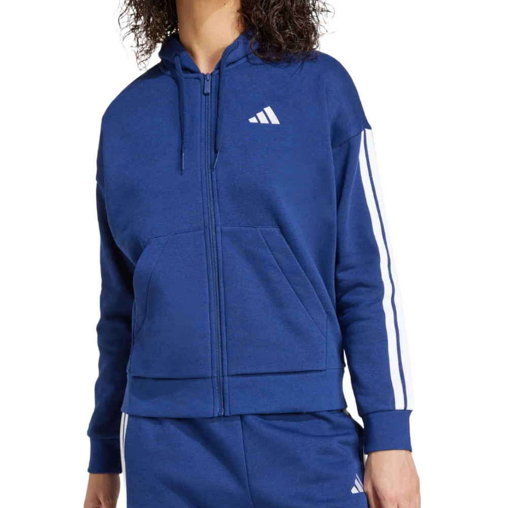 A blue zip-up hoodie with white stripes on the sleeves, featuring a front pocket and a logo on the chest. Paired with matching blue pants.