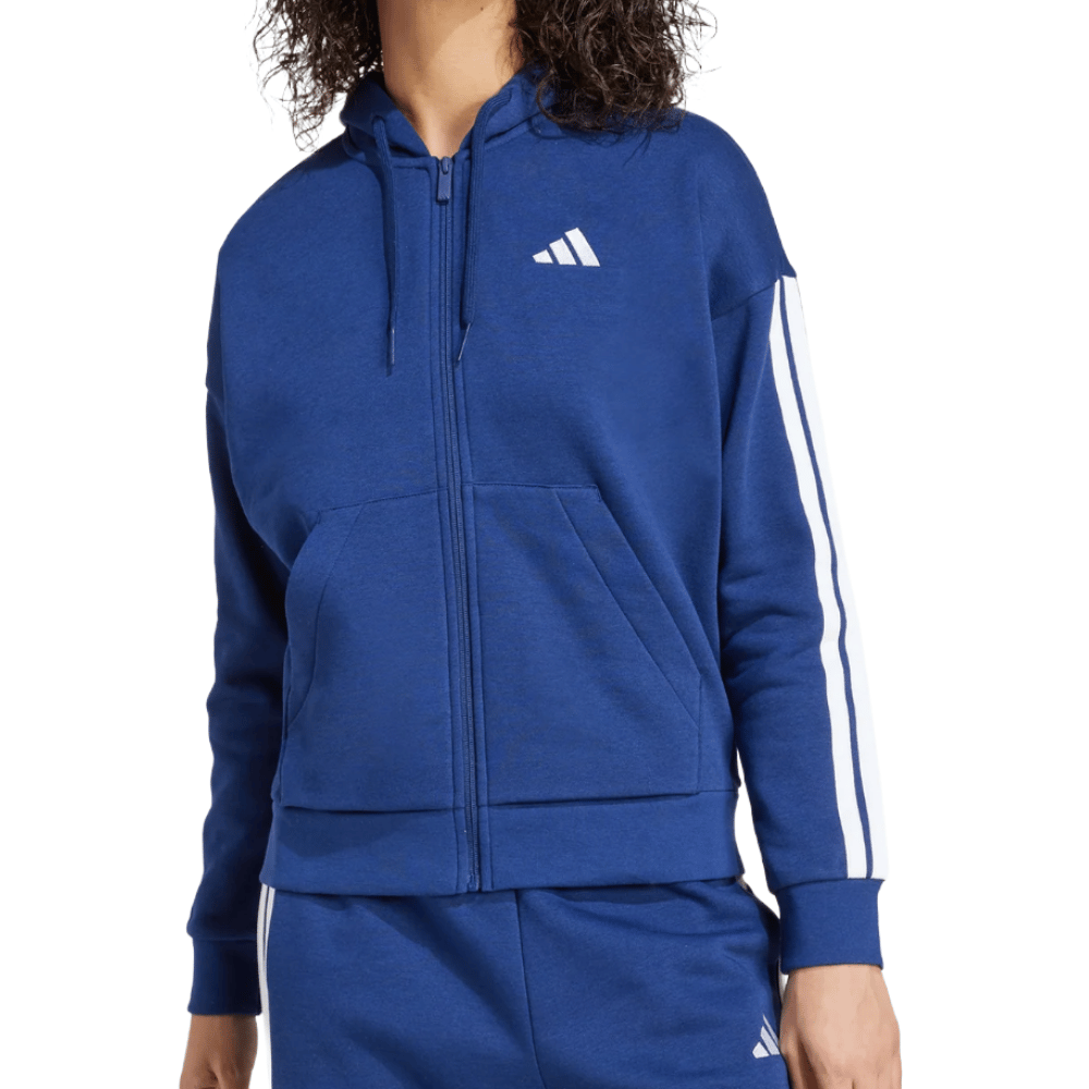 A blue zip-up hoodie with white stripes on the sleeves, featuring a front pocket and a logo on the chest. Paired with matching blue pants.