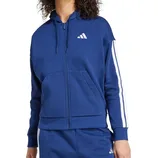 A blue zip-up hoodie with white stripes on the sleeves, featuring a front pocket and a logo on the chest. Paired with matching blue pants.
