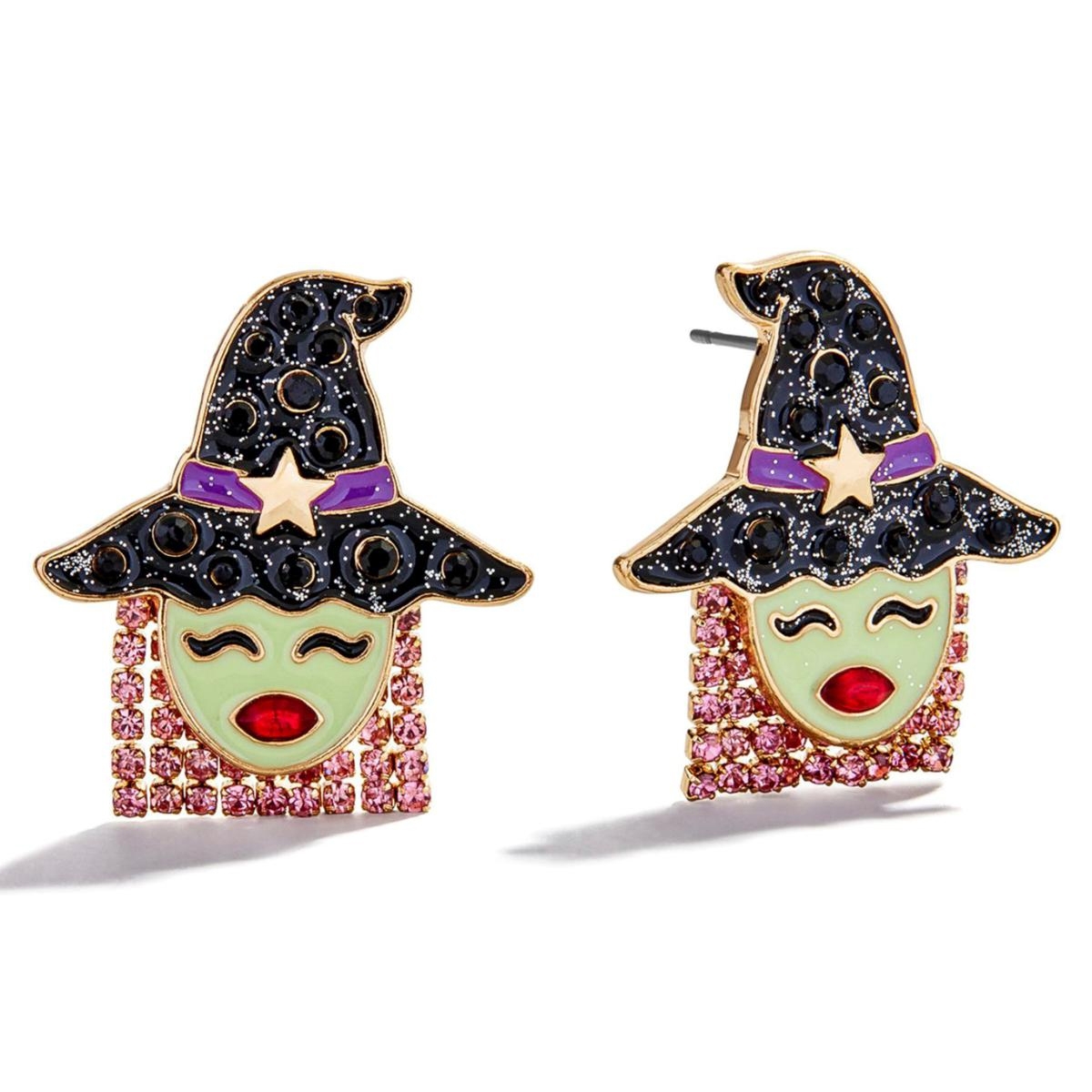 Earrings featuring witch faces with black hats adorned with black gems and a star. The faces are green with red lips, and pink gemstone hair.