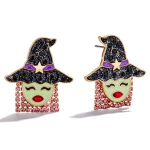 Earrings featuring witch faces with black hats adorned with black gems and a star. The faces are green with red lips, and pink gemstone hair.