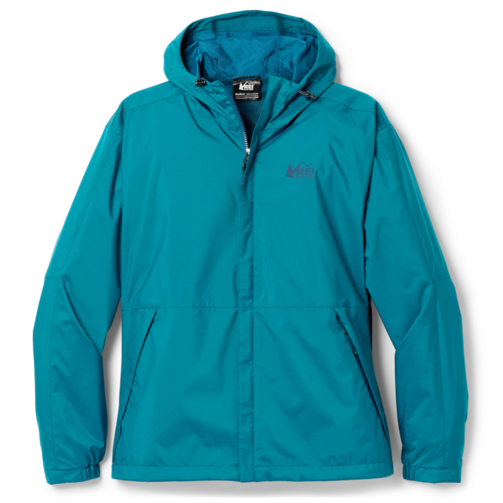 Teal hooded jacket with a front zipper, featuring the REI logo on the chest.