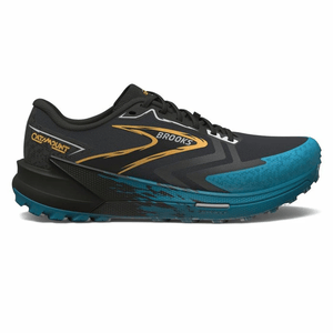 Brooks Catamount trail-running shoe featuring a black and teal design with gold accents, designed for performance on rugged terrain.