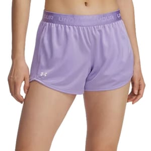 Lilac Under Armour athletic shorts with an elastic waistband featuring the brand name.