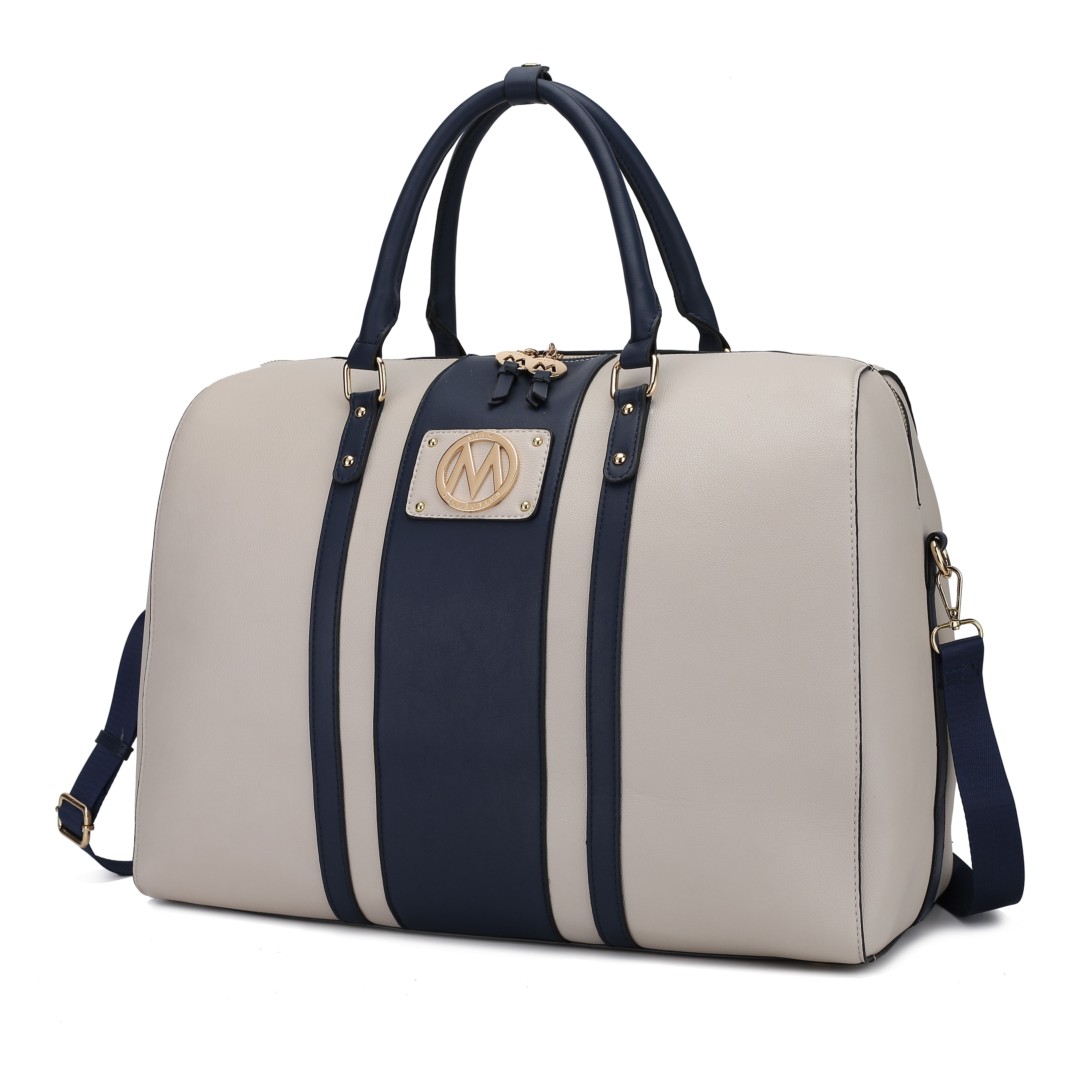 A cream and navy blue striped duffel bag with a logo emblem and detachable shoulder strap.