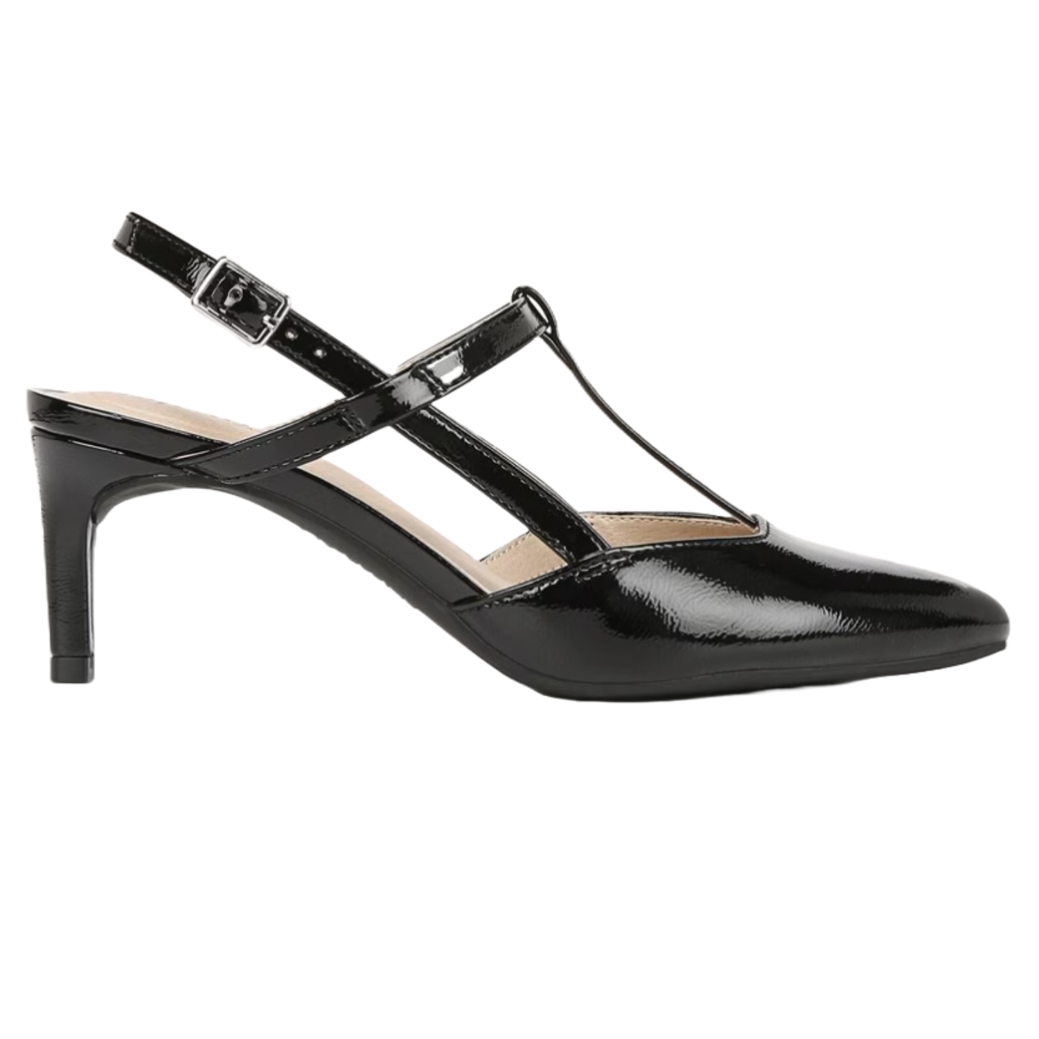 A black patent leather T-strap slingback pump with a pointed toe and mid-height heel, featuring an adjustable ankle buckle.