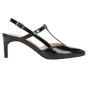 A black patent leather T-strap slingback pump with a pointed toe and mid-height heel, featuring an adjustable ankle buckle.