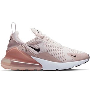 A pink and white Nike Air Max 270 sneaker featuring a mesh upper, visible air unit in the heel, and black Nike swoosh detailing.