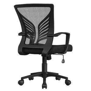A black swivel desk chair featuring a mesh backrest with a leaf-like pattern for breathability, a cushioned seat, adjustable height, and armrests, with a five-wheel base for mobility.