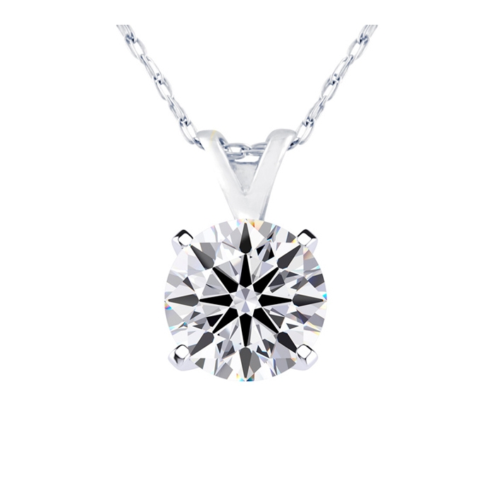 A nearly 1-carat round diamond solitaire pendant set in a four-prong white gold setting, suspended from a delicate white gold chain.