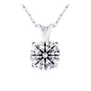 A nearly 1-carat round diamond solitaire pendant set in a four-prong white gold setting, suspended from a delicate white gold chain.