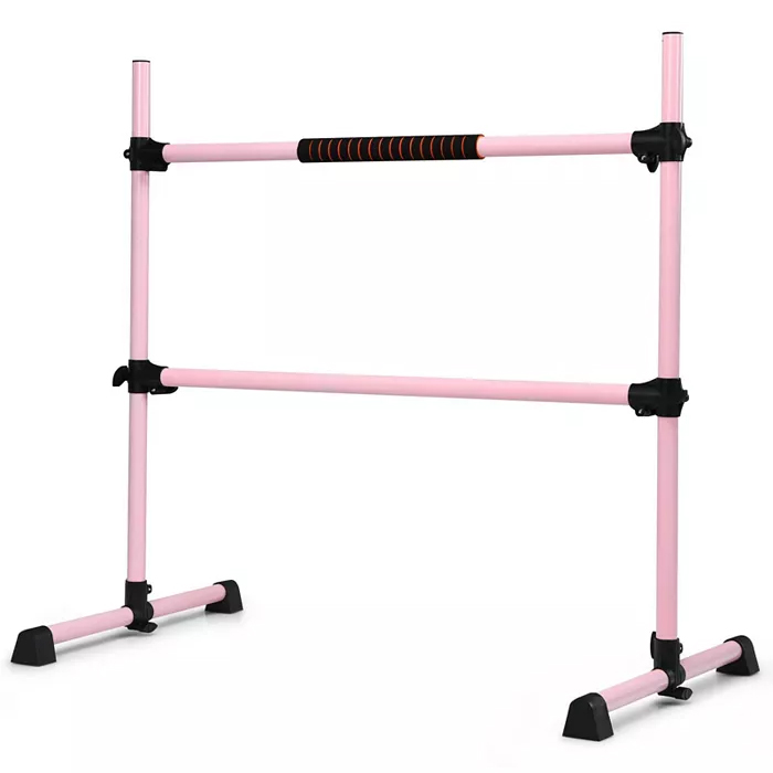 A pink portable freestanding ballet barre with two horizontal bars, featuring black adjustable clamps and sturdy base supports, designed for ballet practice.