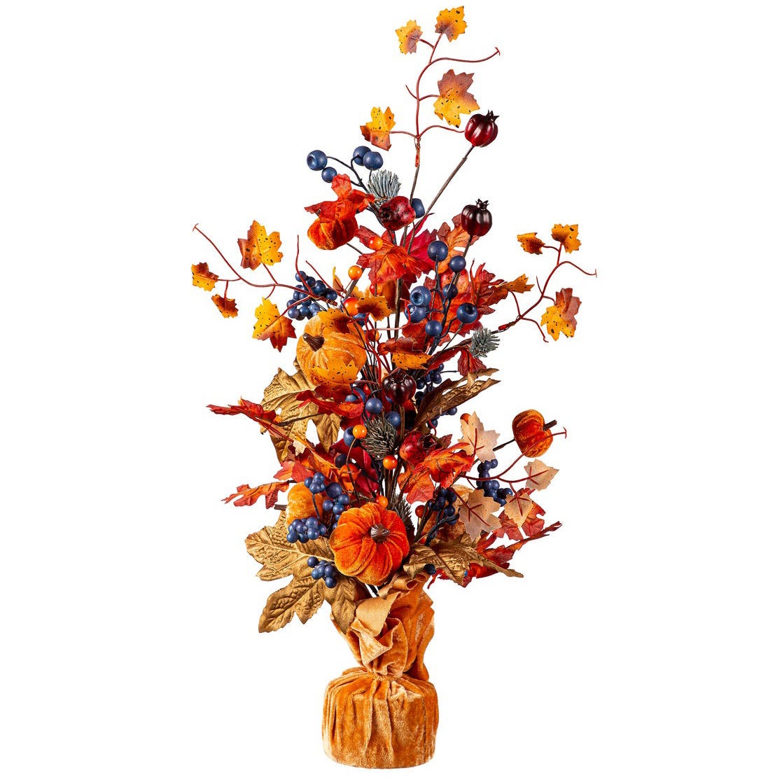 A vibrant autumn-themed floral arrangement featuring orange pumpkins, red and yellow leaves, red berries, and faux blueberries, all set in a soft, wrapped base.