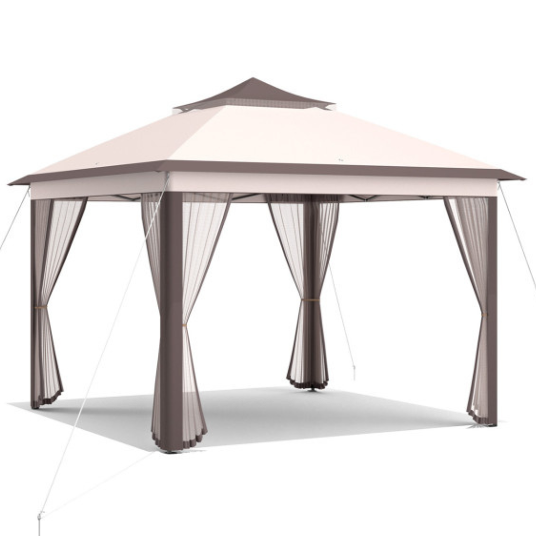 A gazebo with a dual-tiered canopy and mesh curtains on all sides, supported by four sturdy legs.