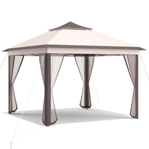 A gazebo with a dual-tiered canopy and mesh curtains on all sides, supported by four sturdy legs.
