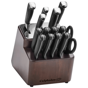 Calphalon knife block set with multiple knives, a pair of kitchen shears, and a dark wooden block engraved with the brand logo.