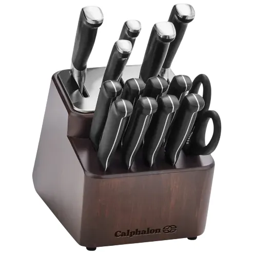 Calphalon knife block set with multiple knives, a pair of kitchen shears, and a dark wooden block engraved with the brand logo.