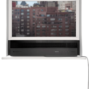 A window-mounted air conditioner with a sleek black design and minimal controls on the front panel, set against an urban background.