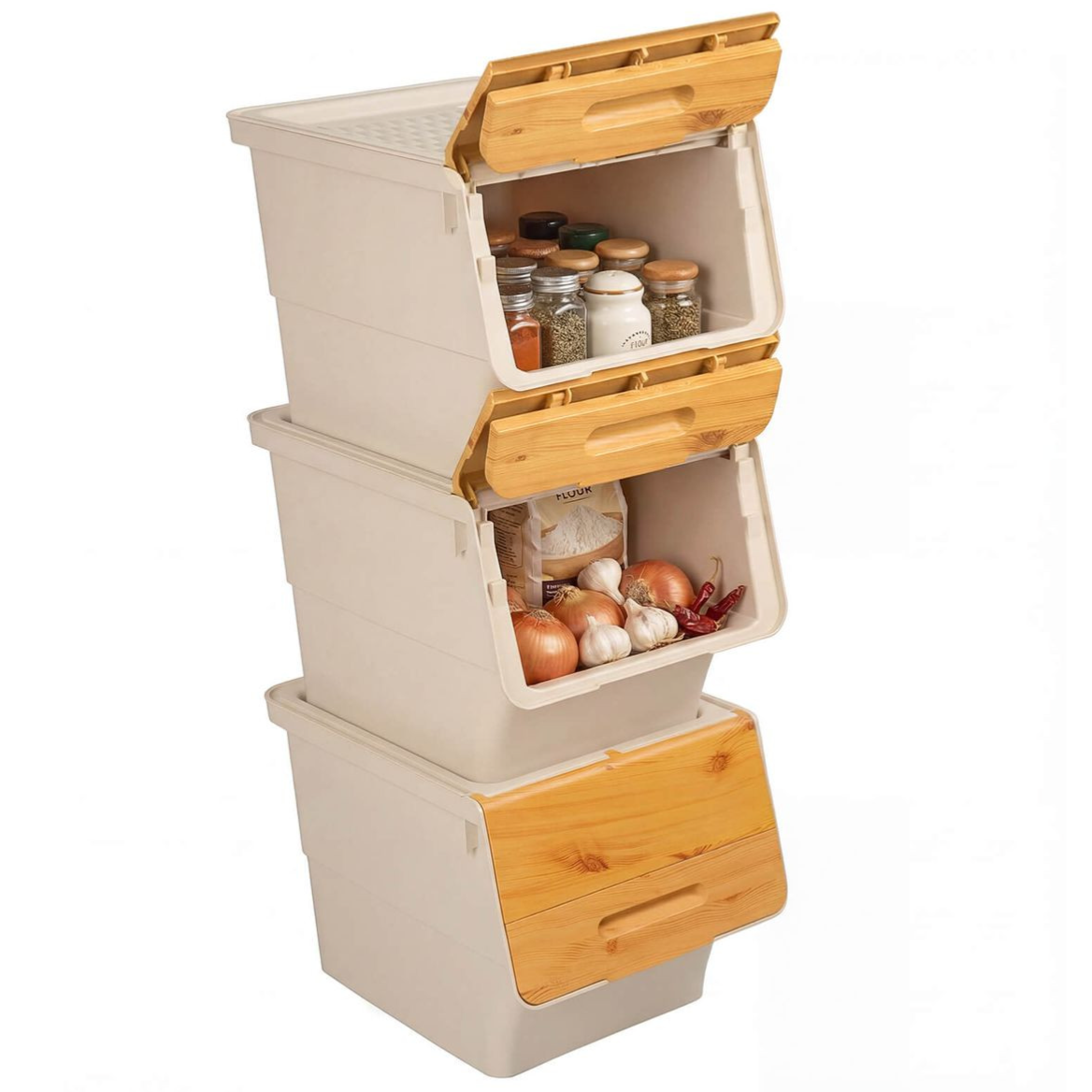 Stackable storage bins with front-loading wooden lids, containing items like spices, onions, and garlic, ideal for organized kitchen storage.