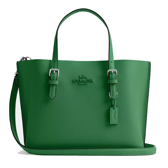 A green leather tote bag with dual handles and an adjustable shoulder strap, featuring a subtle embossed logo and a small hanging tag.