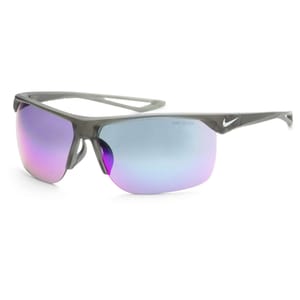 Nike sunglasses featuring a sleek gray frame with reflective purple-tinted lenses, half-rim design, and a small swoosh logo on the temple.