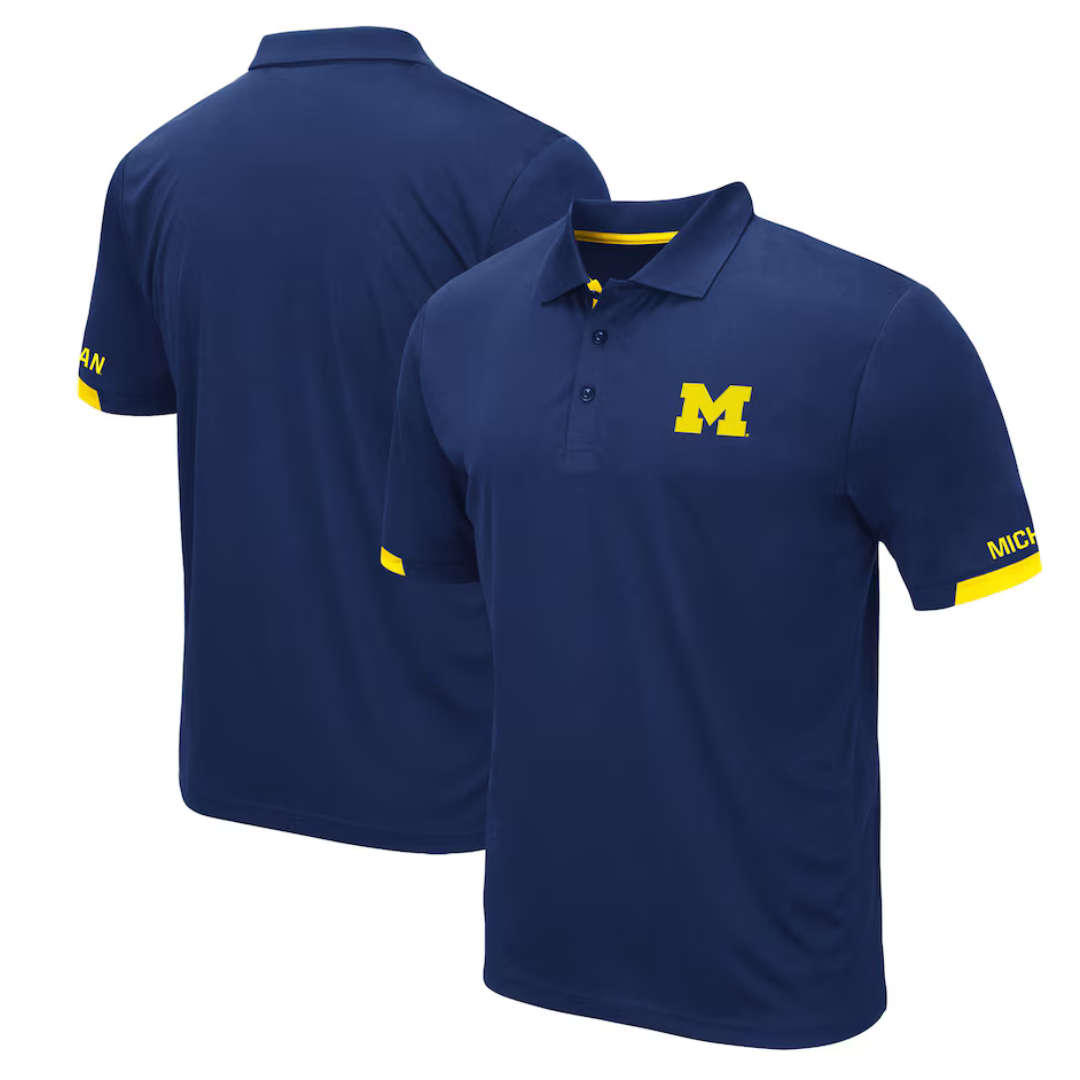 Blue polo shirt with a yellow \“M\“ on the chest, featuring \“MICHIGAN\“ text on the sleeve, designed in a classic style with a button-up collar.