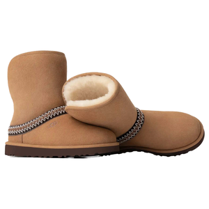 Brown suede boots lined with white fleece, featuring zigzag stitching across the upper, with a brown rubber sole.